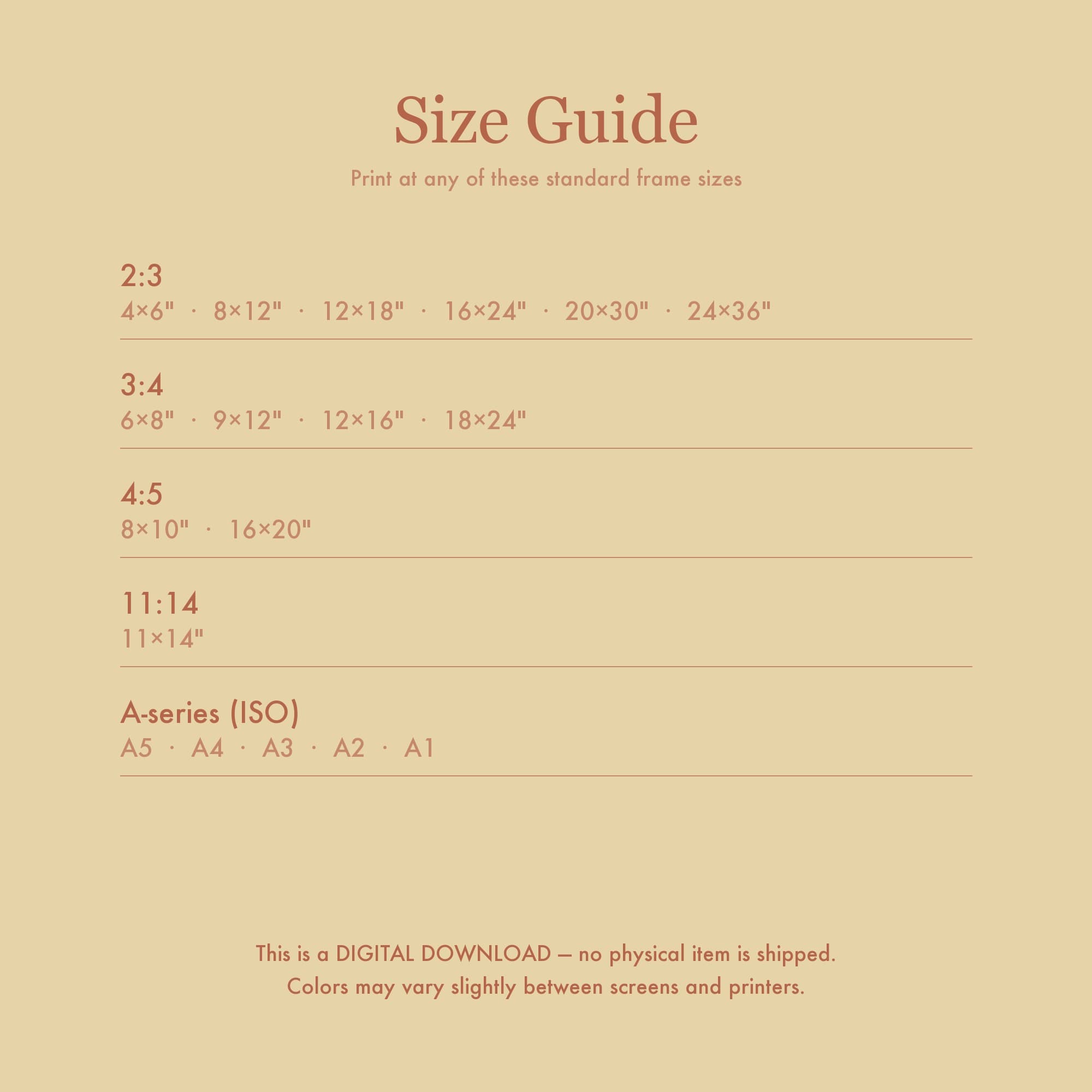 The size guide insert, showing which frame size fits which print ratio.